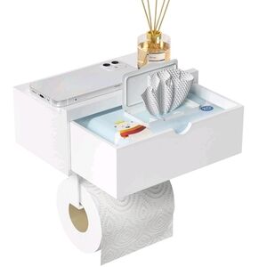 Domax Bamboo Toilet Paper Holder with Shelf Wall Bathroom White (Open Box)